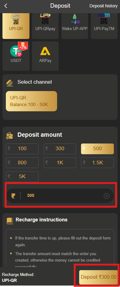 BDG Games wallet deposit page showing payment options